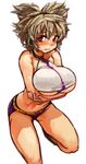  adapted_costume bikini blush breast_hold breasts brown_hair earmuffs large_breasts legs_folded looking_at_viewer navel perky_breasts red_eyes sachito short_hair simple_background sketch solo swimsuit thick_thighs thighs touhou toyosatomimi_no_miko underboob wavy_mouth white_background 