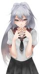  akuma_no_riddle bad_id bad_pixiv_id banba_mahiru grey_eyes grey_hair haruno14 long_hair looking_at_viewer ponytail purple_eyes scar school_uniform serafuku simple_background smile solo steepled_fingers 