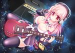  blush breasts cleavage electric_guitar guitar headphones instrument large_breasts long_hair looking_at_viewer nitroplus pink_hair red_eyes skf skindentation smile solo subwoofer super_sonico thighhighs 