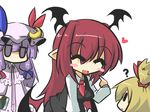  :d ? ^_^ bat_wings black_skirt black_wings blonde_hair blush_stickers book bow breasts capelet chibi closed_eyes commentary crescent frills goma_(gomasamune) hair_bow hair_ribbon hat hat_ribbon head_wings heart holding holding_book jitome koakuma long_hair long_sleeves looking_at_another low_wings medium_breasts mikoto_freesia_scarlet multiple_girls necktie no_mouth no_nose open_mouth original patchouli_knowledge pointing pointing_at_self pointy_ears purple_eyes purple_hair red_hair ribbon side_ponytail simple_background skirt skirt_set smile touhou vest white_background wings |_| 