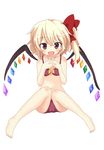  barefoot bikini blonde_hair flandre_scarlet hands_clasped looking_at_viewer massala navel open_mouth own_hands_together red_bikini red_eyes ribbon short_hair side_ponytail sitting smile solo swimsuit touhou wings younger 