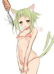  animal_ears bikini blush cat_ears cat_tail drooling fish green_hair heart hungry long_hair mirakururu navel open_mouth original simple_background solo spoken_heart swimsuit tail tail_wagging thought_bubble white_background yellow_eyes 