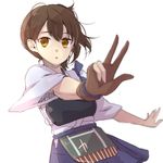  blurry brown_eyes brown_hair depth_of_field gloves hiki-wota japanese_clothes kaga_(kantai_collection) kantai_collection looking_at_viewer muneate open_mouth partly_fingerless_gloves short_hair side_ponytail sketch solo yugake 