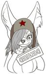  clothed clothing english_text evil_smile female fennec feretta fox mammal plain_background ruzha solo soviet_star text tumblr uncolored white_background 