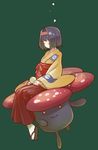  black_hair blush closed_eyes erika_(pokemon) gen_1_pokemon gym_leader hairband hakama highres japanese_clothes kimono poke_ball pokemon pokemon_(creature) pokemon_(game) red_hakama ritsu_(roboroboro) short_hair sitting sitting_on_head sitting_on_person smile vileplume 