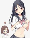  2girls black_hair blue_eyes blush breasts brown_hair itsumi_(itumiyuo) jitome large_breasts long_hair looking_at_viewer multiple_girls navel onjouji_toki pleated_skirt red_eyes saki saki_achiga-hen school_uniform senriyama_school_uniform serafuku shimizudani_ryuuka short_hair short_sleeves simple_background skirt triangle_mouth underboob upper_body 