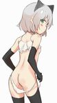  animal_ears ass bad_id bad_pixiv_id black_legwear blush cat_ears dust_box elbow_gloves gloves green_eyes panties panty_pull sanya_v_litvyak short_hair silver_hair sketch solo strike_witches underwear world_witches_series 