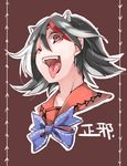  akagashi_hagane black_hair bow brown_background character_name face fang horns kijin_seija looking_at_viewer looking_down multicolored_hair one_eye_closed open_mouth portrait red_eyes red_hair short_hair simple_background smile solo tongue tongue_out touhou translated white_hair 