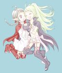  ^_^ boots bow braid cape cheek-to-cheek closed_eyes dress fire_emblem fire_emblem:_kakusei garter_straps gloves green_hair knee_boots mamkute midriff mother_and_daughter multiple_girls nn_(fire_emblem) nono_(fire_emblem) open_mouth pointy_ears ponytail purple_eyes silver_hair smile yanechika 