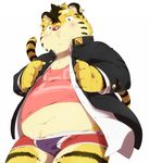  chubby clothing eyebrows feline hair hinami kemono male mammal midriff navel pink_nose plain_background solo stripes suit tiger underwear white_background 