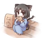  animal_ears black_hair blush chibi eating food japanese_clothes kara_no_kyoukai kemonomimi_mode kimono looking_at_viewer ohitashi_netsurou ryougi_shiki short_hair solo tail taiyaki wagashi 