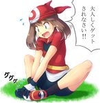  bandana bike_shorts blue_eyes blush brown_hair butterfly_sitting fang gloves haruka_(pokemon) komimiyako open_mouth poke_ball pokemon pokemon_(game) pokemon_rse short_hair solo sweatdrop translated 