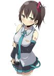  :&lt; amaa_(chou_dennou_jidai) bad_id bad_pixiv_id blush breasts brown_hair cosplay cowboy_shot detached_sleeves hair_ornament hatsune_miku hatsune_miku_(cosplay) kaga_(kantai_collection) kantai_collection medium_breasts microphone necktie short_hair side_ponytail simple_background solo vocaloid white_background 