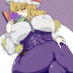  1girl blonde_hair breasts dress fan female hat huge_breasts legs_crossed long_hair lying on_back puffy_nipples sahei solo touhou watatsuki_no_toyohime yakumo_yukari yellow_eyes 