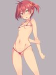  bikini blush breasts brown_eyes brown_hair hair_ornament highres isshiki_akane jpeg_artifacts michairu micro_bikini o-ring o-ring_bottom open_mouth petite red_bikini shiny short_hair small_breasts solo standing swimsuit twintails vividred_operation 