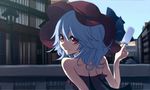  alternate_costume anime_coloring banned_artist bare_shoulders bat_wings blue_hair blue_sky city dress food from_behind hat hat_ribbon lamppost looking_back outdoors popsicle red_eyes remilia_scarlet ribbon short_hair sky smile solo strapless strapless_dress suisen touhou wings 