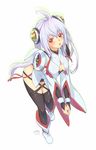  ahoge black_legwear blush breasts bridal_gauntlets cleavage cleavage_cutout hair_ornament highres kawagoe_pochi long_hair looking_at_viewer matoi_(pso2) medium_breasts no_bra phantasy_star phantasy_star_online_2 red_eyes silver_hair smile solo thighhighs twintails 