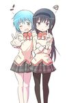  akemi_homura black_hair blue_eyes blue_hair cheek_poking hairband long_hair mahou_shoujo_madoka_magica miki_sayaka multiple_girls musical_note one_eye_closed pantyhose poking purple_eyes samidare school_uniform short_hair simple_background squiggle v white_background 