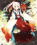  chiyomatsu flower full_body goma_(11zihisin) hakama holding horns japanese_clothes kimono long_hair long_sleeves looking_at_viewer mask oni_horns oni_mask original petals pointy_ears ponytail red_eyes red_hakama solo white_hair wide_sleeves 