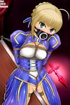  adapted_costume ahoge artoria_pendragon_(all) bad_id bad_pixiv_id bdsm blonde_hair bondage bound braid breast_bondage breasts corset crotch_rope dress fate/stay_night fate_(series) french_braid gag gagged green_eyes hair_ribbon highres latex nbnl_nei no_panties plug_gag pussy ribbon rope saber shibari shibari_over_clothes shiny shiny_clothes short_hair showgirl_skirt small_breasts solo sweat uncensored wooden_horse 