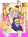  alternate_form arm_up blonde_hair blue_skirt boots brown_eyes cure_honey earrings happinesscharge_precure! highres jewelry kicking knee_boots long_hair magical_girl miniskirt oomori_yuuko popcorn_cheer precure puffy_sleeves shiny shiny_skin skirt smile solo star twintails wand watosonshi wrist_cuffs 