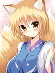  animal_ears blonde_hair blush breasts dress fox_ears fox_tail highres large_breasts looking_at_viewer multiple_tails naba_(take_tonbo) no_hat no_headwear smile solo tabard tail touhou upper_body white_dress yakumo_ran yellow_eyes 