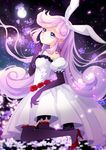  black_legwear blue_eyes dorris dress earrings elbow_gloves flower gloves hairband highres jewelry kneeling long_hair looking_up moon original purple_hair solo thighhighs 