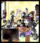  akemi_homura akuma_homura bird black_hair black_wings blonde_hair blue_hair blue_skin blush brown_hair card clara_dolls_(madoka_magica) drawing eating feathered_wings food fruit glasses green_eyes grey_hair hair_ribbon hairband hakkyou_seinen_dogura_magura hat kotatsu long_hair lotte_(madoka_magica) luiselotte_(madoka_magica) magical_girl mahou_shoujo_madoka_magica mahou_shoujo_madoka_magica_movie multicolored multicolored_eyes multiple_girls open_mouth playing_games purple_eyes red_eyes red_hair ribbon ringed_eyes short_hair sitting smile spoilers table television translated window wings 