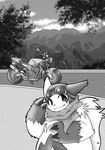  eyewear fur_markings goggles hat kemono monochrome motorbike nintendo outside pok&#233;mon pok&eacute;mon road scarf scenery teeth tree video_games yami zangoose 