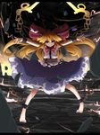  barefoot bow chain crack hair_bow highres horn_ribbon horns ibuki_suika lightning long_hair nail_polish orange_hair outstretched_arms purple_eyes ribbon rihito_(usazukin) rock smile solo toenail_polish touhou 