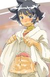  abs bad_id bad_pixiv_id black_hair blush choker crop_top dougi karate_gi makoto_(street_fighter) navel ribbon_choker satsuyo shirt_lift short_hair solo street_fighter sweat 