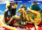  brown_eyes brown_hair cloud coat dress dual_persona field flower fur_hat goggles ground_vehicle hat hermes kino kino_no_tabi kirise long_hair motor_vehicle motorcycle rainbow reverse_trap short_hair sitting sky smile tomboy village weapon 