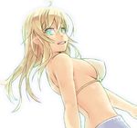  aqua_eyes bare_shoulders bikini blonde_hair breasts from_behind from_side grin long_hair looking_at_viewer looking_back medium_breasts mustard_seeds original sideboob simple_background smile solo swimsuit upper_body white_bikini yuuji_(and) 