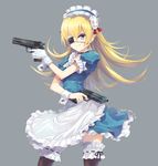  apron beretta_92 black_legwear blonde_hair blue_eyes dual_wielding eyepatch fang fang_out gloves gun handgun holding long_hair looking_at_viewer m1911 maid_apron maid_headdress nyan_(themare) original pistol solo thighhighs weapon white_gloves wrist_cuffs zettai_ryouiki 