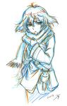  absurdres colored_pencil_(medium) cowboy_shot dated gata2013 hands_on_own_chest highres kakumeiki_valvrave looking_away monochrome renboukouji_akira scarf short_hair sketch solo traditional_media 