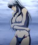  1girl blue_panties breasts freezing_(series) highres holly_rose large_breasts long_hair nipples panties solo standing stitched topless underwear white_hair 