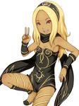  bare_shoulders blonde_hair dark_skin e10 gravity_daze hairband kitten_(gravity_daze) long_hair looking_at_viewer red_eyes scarf simple_background smile solo v vambraces white_background 