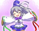  :d bow closed_eyes dairi hat hat_ribbon incoming_hug long_sleeves mononobe_no_futo open_mouth outstretched_arms ponytail ribbon ribbon-trimmed_sleeves ribbon_trim shirt silver_hair skirt smile solo touhou wide_sleeves 