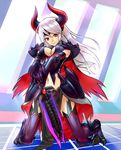  1girl artist_request breasts capcom cleavage gore_magala_(armor) horns kneeling monster_hunter navel red_eyes solo sword weapon white_hair 