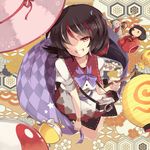  bangle black_hair bow bowtie bracelet camera checkered doll dress from_above grin hair_over_one_eye hillly_(maiwetea) horn impossible_spell_card jewelry jizou kijin_seija lantern lens looking_at_viewer mallet multicolored_hair nimble_fabric orb paper_lantern puffy_short_sleeves puffy_sleeves purple_bow purple_neckwear red_eyes red_hair short_hair short_sleeves smile solo teeth touhou two-tone_hair upside-down yin_yang 