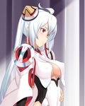  ahoge blush breasts cleavage cleavage_cutout covered_nipples hair_ornament highres hou_(hachiyou) long_hair matoi_(pso2) medium_breasts no_bra phantasy_star phantasy_star_online_2 red_eyes silver_hair smile solo twintails 