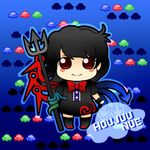  asymmetrical_wings black_hair blue_background blue_wings blush character_name chibi houjuu_nue polearm red_eyes red_wings ribbon short_hair smile snake solo soramame1110 touhou trident ufo weapon wings 