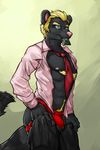  black_fur blonde_hair body_hair chest_hair clothed clothing condom eyewear fur glasses hair half-dressed jockstrap male necktie onyx_(character) onyxtanuki open_shirt pink_nose shirt solo tanuki underwear undressing 