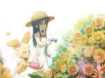  black_hair bow bowtie bug butterfly carrot carrot_necklace collarbone dress fairy_wings flower flying fur grey_eyes hat hose hose_nozzle insect long_hair original red_bow red_neckwear samidare straw_hat sundress sunflower water watering watering_can white_dress wings yellow_eyes 