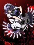  blood blood_on_face blood_splatter bloody_clothes bow braid double_dealing_character floral_print flower gloves hair_bow highres izayoi_sakuya knife maid maid_headdress red_eyes ribbon rihito_(usazukin) rose short_hair silver_hair smile solo touhou twin_braids 