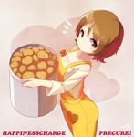  blueberry_(5959) blush breasts brown_eyes brown_hair cleavage happinesscharge_precure! heart medium_breasts oomori_yuuko overalls pot potato precure short_hair smile solo 