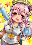  breasts chibi cleavage headphones large_breasts long_hair looking_at_viewer nitroplus open_mouth pink_eyes pink_hair pom_pom_(clothes) rokico smile super_sonico 