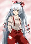  bow fujiwara_no_mokou hair_bow hair_ribbon hands_in_pockets juliet_sleeves long_hair long_sleeves looking_at_viewer pants puffy_sleeves red_eyes ribbon shirt silver_hair solo suspenders touhou tress_ribbon unya very_long_hair 