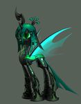  changeling fangs female friendship_is_magic green_eyes green_hair hair horn looking_at_viewer machine mechanical my_little_pony queen_chrysalis_(mlp) robot slit_pupils solo standing underpable wings 