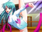  1girl aqua_hair artist_request bishop_(company) cameltoe gymnastics hair_ribbon kagami kagami_hirotaka leg_lift leotard long_hair mesu_kyoushi_2 mizushima_oonari open_mouth red_eyes ribbon solo source_request takamine_saya 